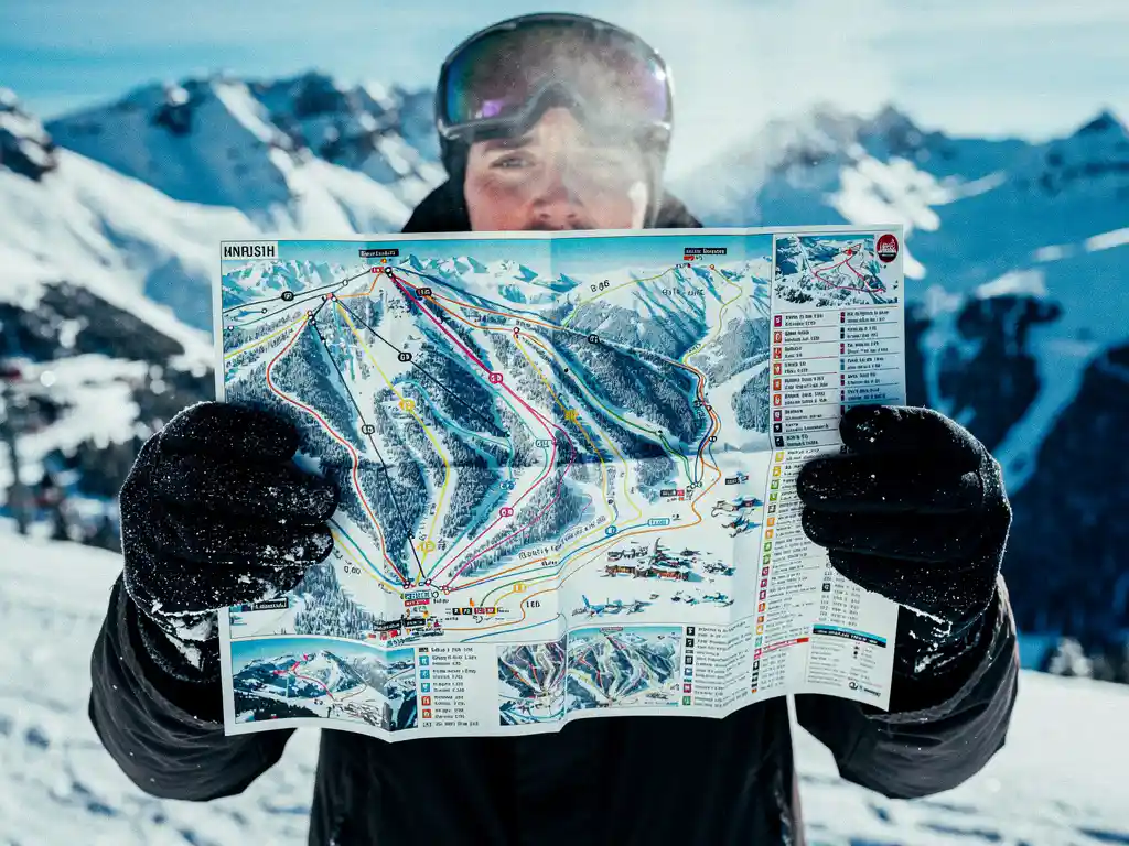 Snowboarder in goggles holding colorful piste map with trail markings against snowy mountain backdrop on sunny day