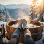 Snowboarder relaxing in wooden hot tub on mountain lodge deck, soaking feet with recovery gear nearby at golden hour