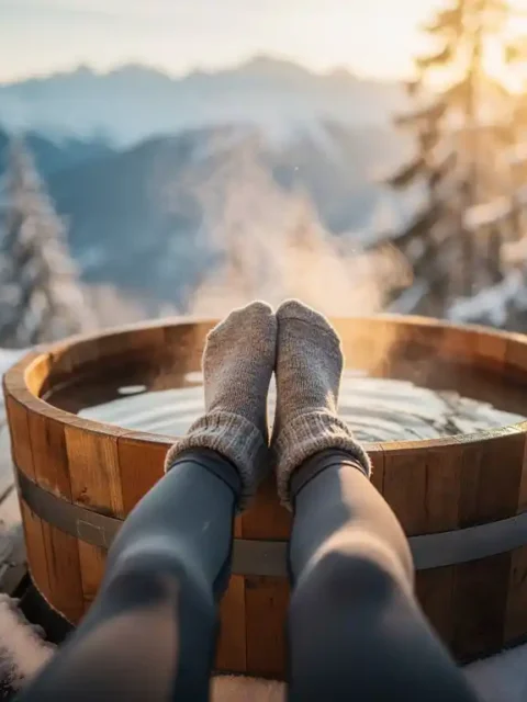 Snowboarder relaxing in wooden hot tub on mountain lodge deck, soaking feet with recovery gear nearby at golden hour