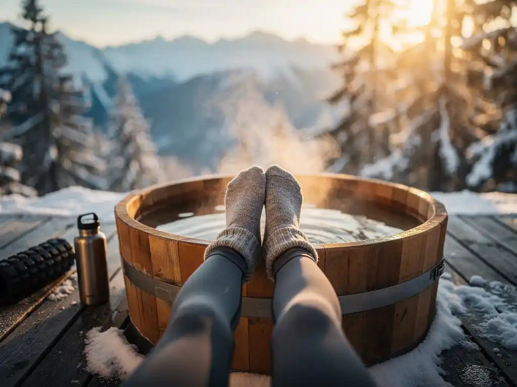 Snowboarder relaxing in wooden hot tub on mountain lodge deck, soaking feet with recovery gear nearby at golden hour