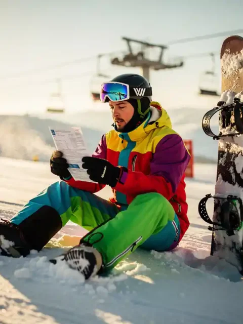 Snowboarder in colorful winter gear reading insurance document on snowy mountain slope with ski lift in background