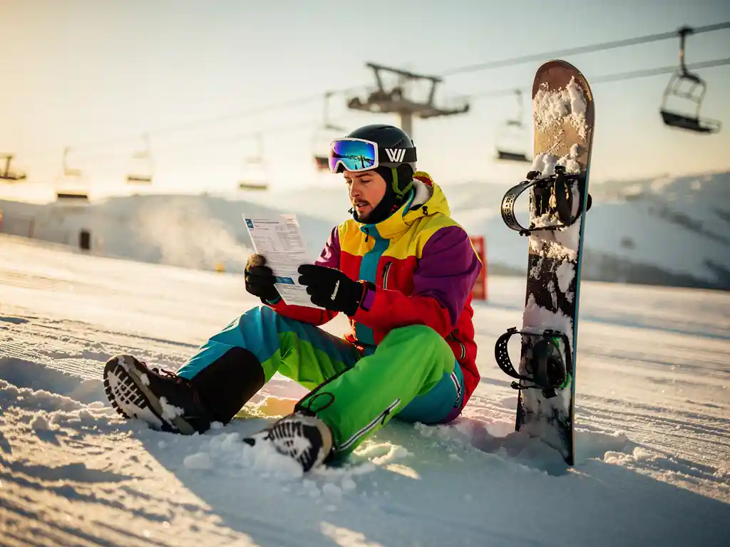 Snowboarder in colorful winter gear reading insurance document on snowy mountain slope with ski lift in background
