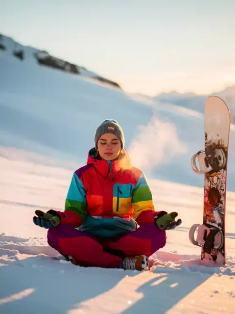Snowboarder mediteert in kleurrijke winterkleding op verse poedersneeuw met berglandschap tijdens gouden uurtje