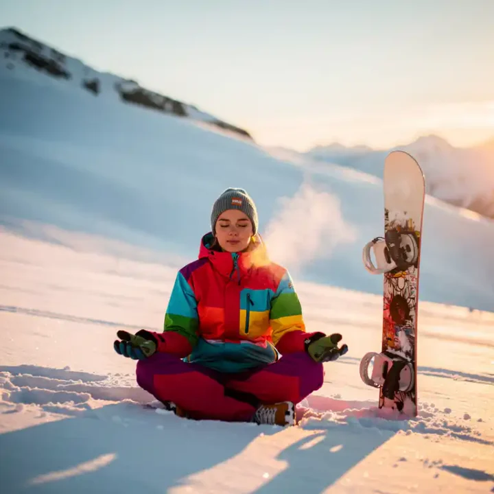 Snowboarder mediteert in kleurrijke winterkleding op verse poedersneeuw met berglandschap tijdens gouden uurtje