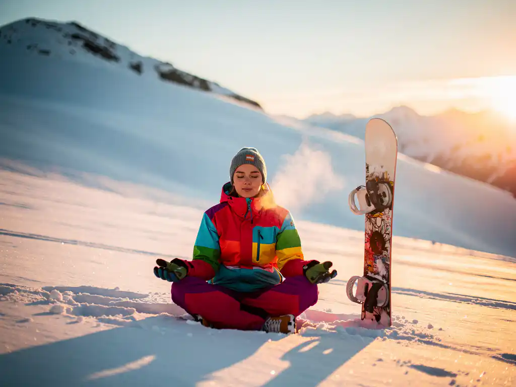 Snowboarder mediteert in kleurrijke winterkleding op verse poedersneeuw met berglandschap tijdens gouden uurtje
