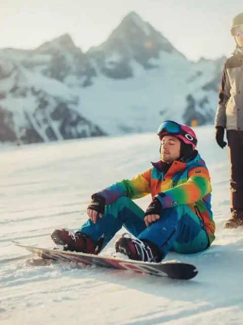 Snowboarder in bunter Winterkleidung sitzt ruhig auf verschneiter Piste, Augen geschlossen, Berge im Hintergrund