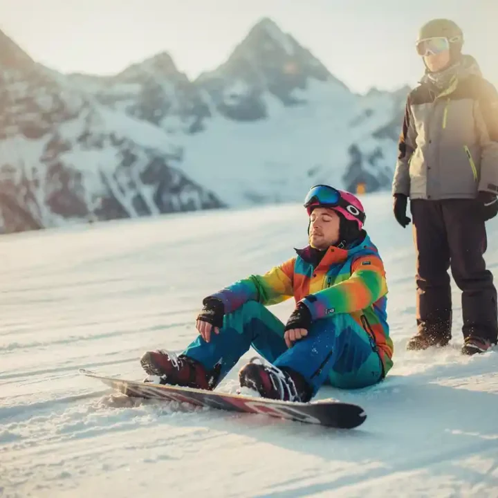 Snowboarder in bunter Winterkleidung sitzt ruhig auf verschneiter Piste, Augen geschlossen, Berge im Hintergrund
