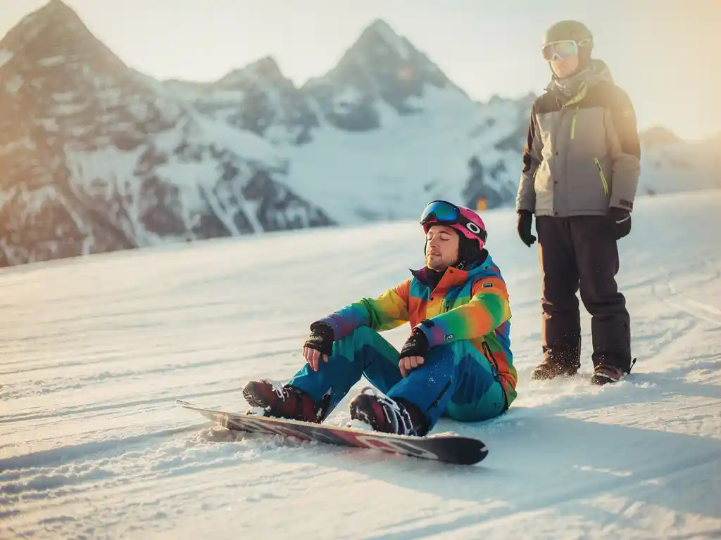 Snowboarder in bunter Winterkleidung sitzt ruhig auf verschneiter Piste, Augen geschlossen, Berge im Hintergrund