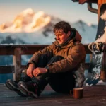 Snowboarder ontspant op berghut terras, trekt laarzen uit met warme chocolademelk, besneeuwde bergen op achtergrond