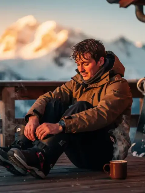 Snowboarder ontspant op berghut terras, trekt laarzen uit met warme chocolademelk, besneeuwde bergen op achtergrond