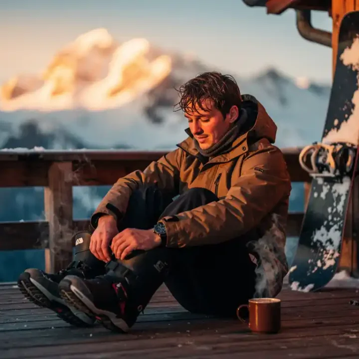 Snowboarder ontspant op berghut terras, trekt laarzen uit met warme chocolademelk, besneeuwde bergen op achtergrond