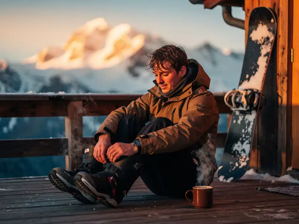 Snowboarder ontspant op berghut terras, trekt laarzen uit met warme chocolademelk, besneeuwde bergen op achtergrond