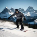 Snowboarder in perfecte rijhouding op verse poedersneeuw met besneeuwde bergtoppen op de achtergrond