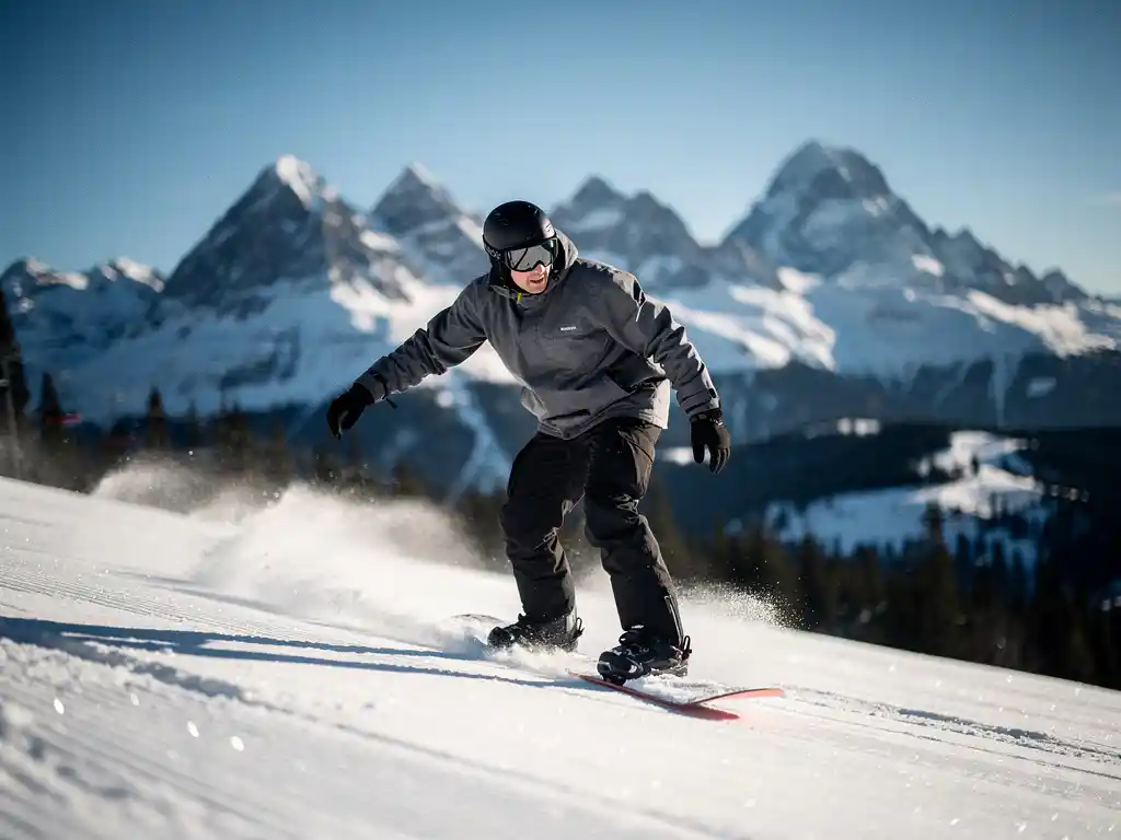Snowboarder in perfecte rijhouding op verse poedersneeuw met besneeuwde bergtoppen op de achtergrond