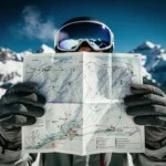 Snowboarder houdt pisteplattegrond vast met skihandschoenen tegen besneeuwde bergachtergrond, routekaart duidelijk zichtbaar
