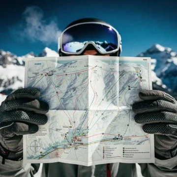 Snowboarder houdt pisteplattegrond vast met skihandschoenen tegen besneeuwde bergachtergrond, routekaart duidelijk zichtbaar