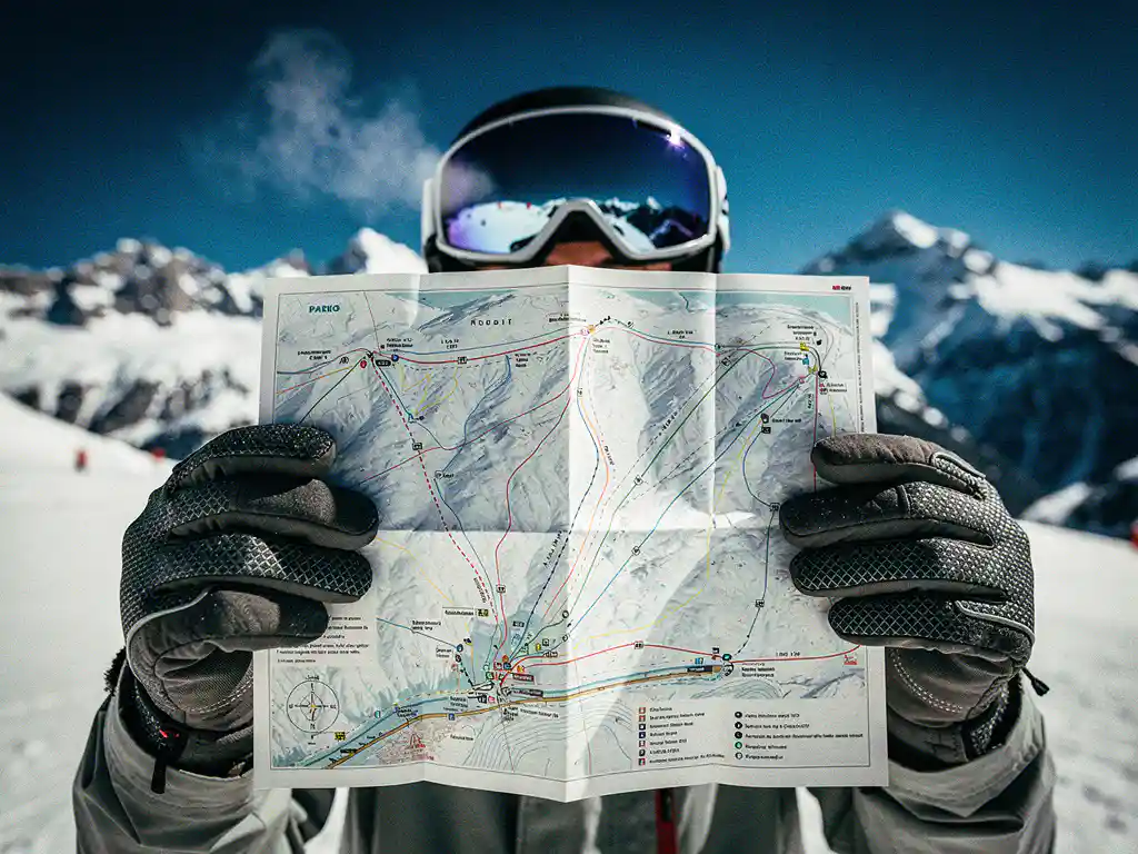 Snowboarder houdt pisteplattegrond vast met skihandschoenen tegen besneeuwde bergachtergrond, routekaart duidelijk zichtbaar