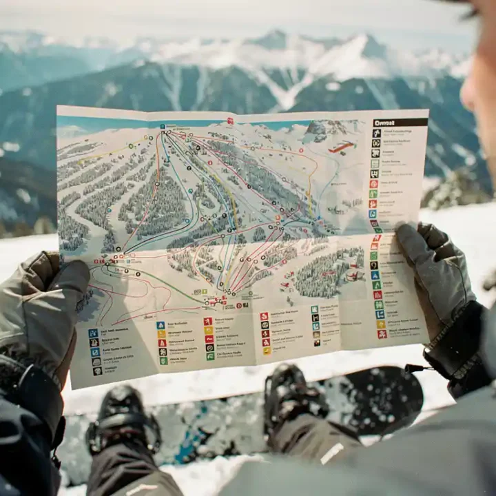 Snowboarder hält Pistenplan in behandschuhten Händen vor verschneiter Bergkulisse, Snowboard-Boots sichtbar