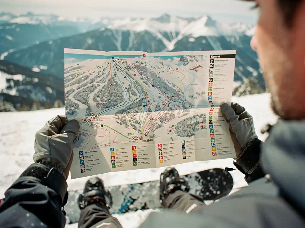 Snowboarder hält Pistenplan in behandschuhten Händen vor verschneiter Bergkulisse, Snowboard-Boots sichtbar