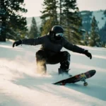 Snowboarder in donkere winterkleding gehurkt op poedersneeuw met skateboard-geïnspireerde houding op bergpiste