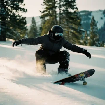 Snowboarder in donkere winterkleding gehurkt op poedersneeuw met skateboard-geïnspireerde houding op bergpiste