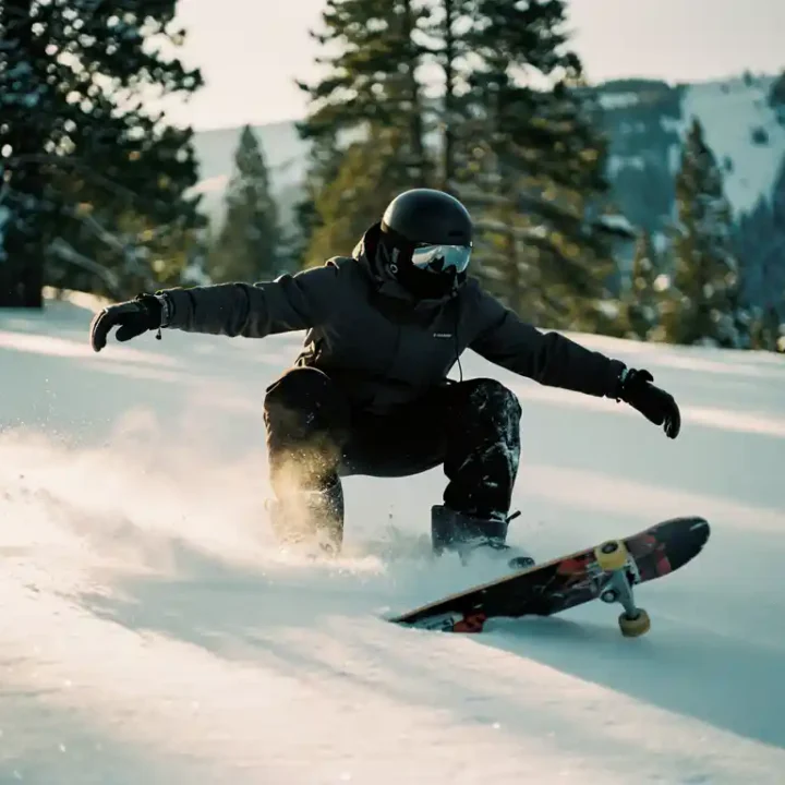 Snowboarder in donkere winterkleding gehurkt op poedersneeuw met skateboard-geïnspireerde houding op bergpiste