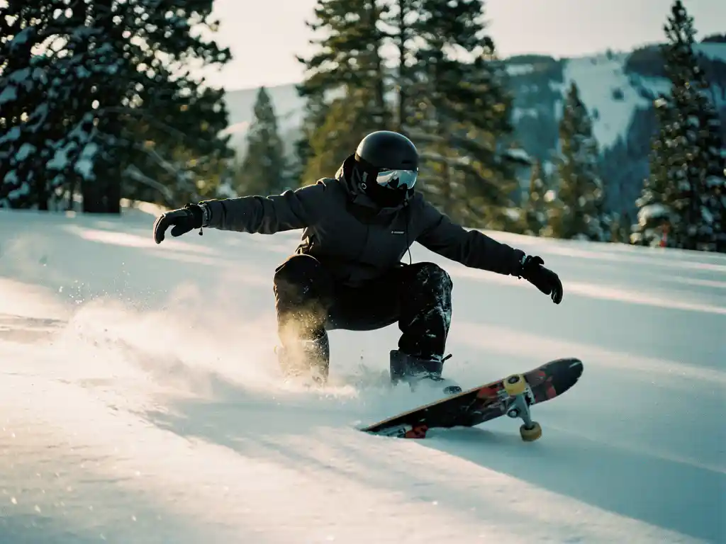 Snowboarder in donkere winterkleding gehurkt op poedersneeuw met skateboard-geïnspireerde houding op bergpiste
