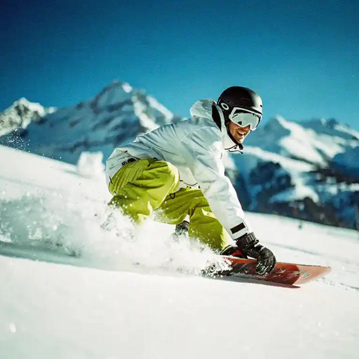 Snowboarder in felle winterkleding maakt bocht in poedersneeuw met bergtoppen op achtergrond onder blauwe hemel