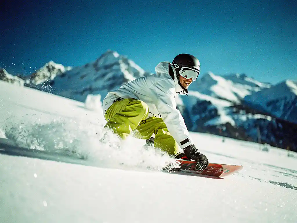 Snowboarder in felle winterkleding maakt bocht in poedersneeuw met bergtoppen op achtergrond onder blauwe hemel
