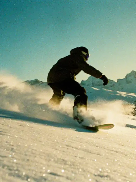 Snowboarder maakt bocht door poedersneeuw op bergpiste met alpine toppen en blauwe lucht op achtergrond
