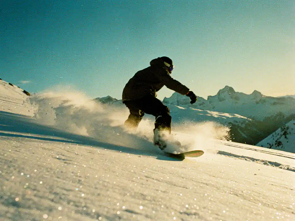 Snowboarder maakt bocht door poedersneeuw op bergpiste met alpine toppen en blauwe lucht op achtergrond