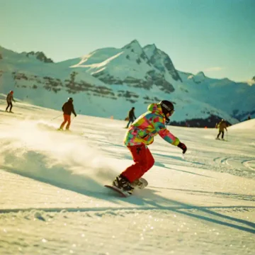 Snowboarder in felgekleurde winterkleding oefent bochten op poedersneeuw met skiërs op bergpiste onder blauwe hemel