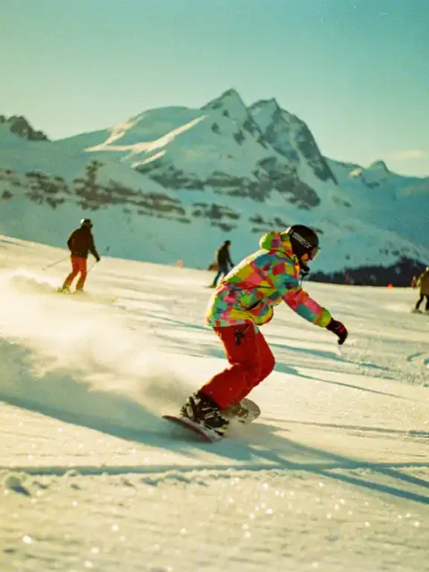Snowboarder in felgekleurde winterkleding oefent bochten op poedersneeuw met skiërs op bergpiste onder blauwe hemel