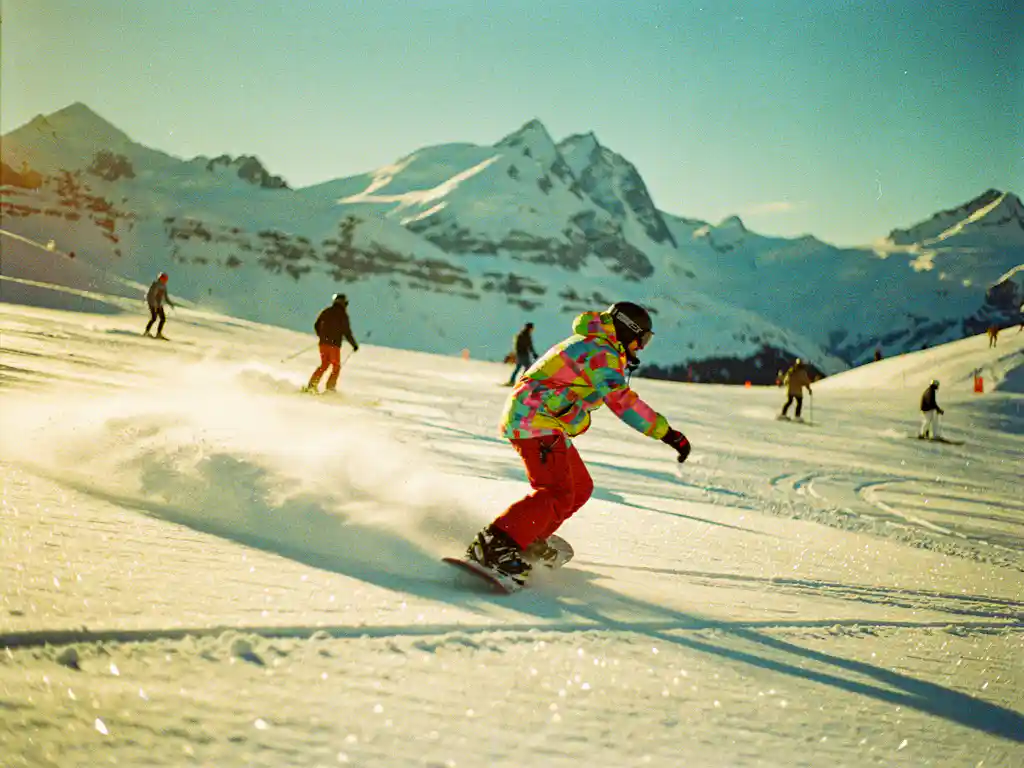 Snowboarder in felgekleurde winterkleding oefent bochten op poedersneeuw met skiërs op bergpiste onder blauwe hemel
