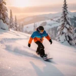 Snowboarder in heldere winterkleding maakt S-bochten door poedersneeuw op bergpiste tussen besneeuwde dennenbomen