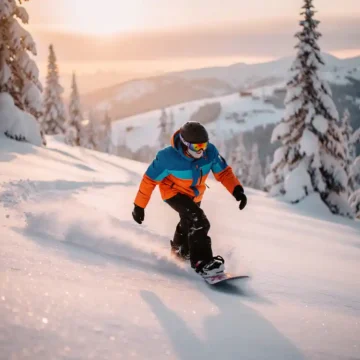Snowboarder in heldere winterkleding maakt S-bochten door poedersneeuw op bergpiste tussen besneeuwde dennenbomen