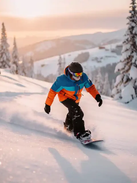 Snowboarder in heldere winterkleding maakt S-bochten door poedersneeuw op bergpiste tussen besneeuwde dennenbomen