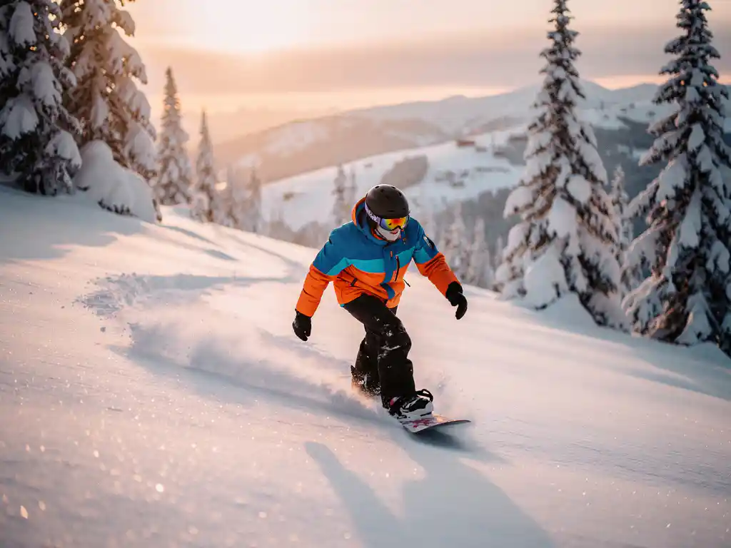 Snowboarder in heldere winterkleding maakt S-bochten door poedersneeuw op bergpiste tussen besneeuwde dennenbomen