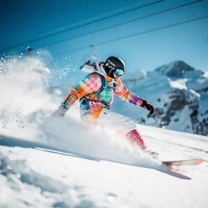 Snowboarder in felgekleurde winterkleding carvet door poedersneeuw op zonnige bergpiste met skilift op achtergrond