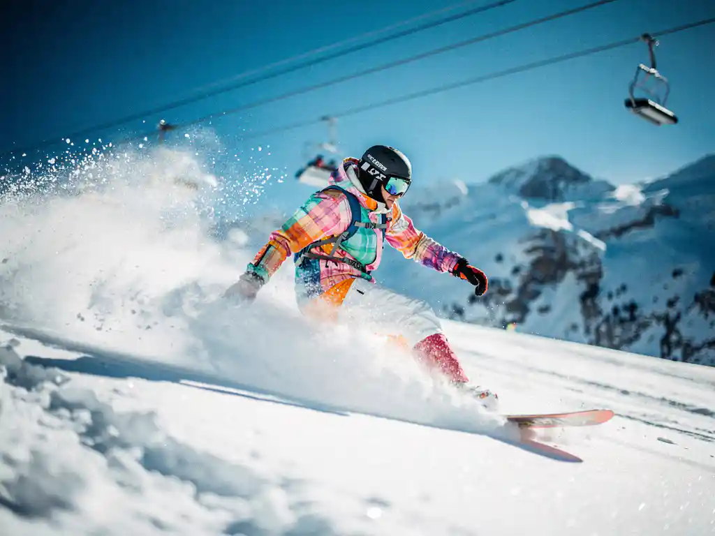 Snowboarder in felgekleurde winterkleding carvet door poedersneeuw op zonnige bergpiste met skilift op achtergrond