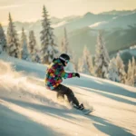 Snowboarder in felle winterkleding rijdt door poedersneeuw op bergpiste tijdens gouden uurtje