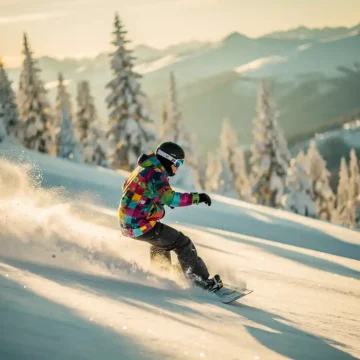Snowboarder in felle winterkleding rijdt door poedersneeuw op bergpiste tijdens gouden uurtje