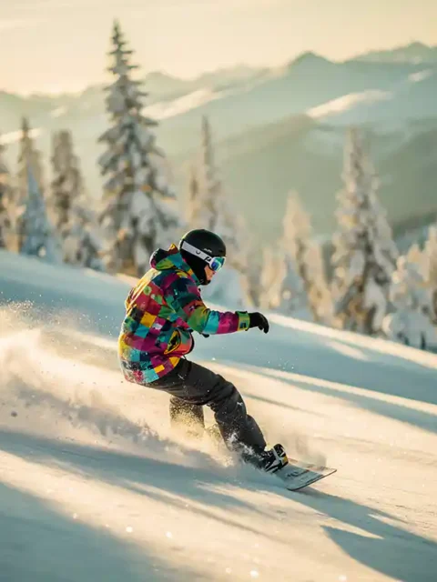 Snowboarder in felle winterkleding rijdt door poedersneeuw op bergpiste tijdens gouden uurtje
