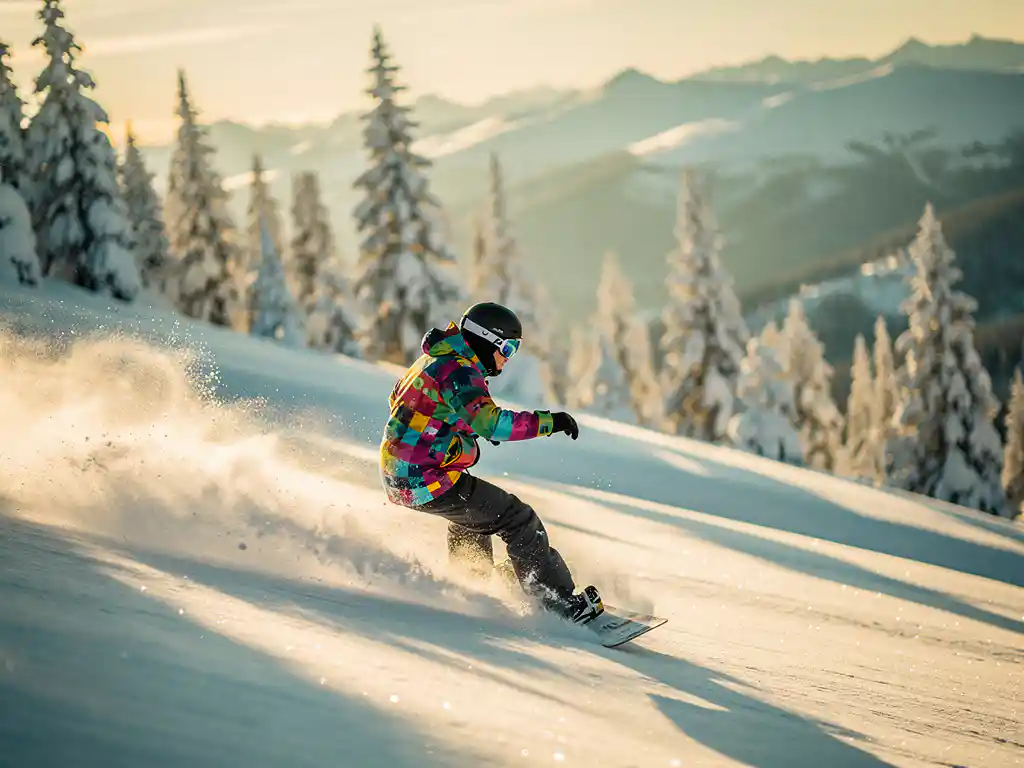 Snowboarder in felle winterkleding rijdt door poedersneeuw op bergpiste tijdens gouden uurtje