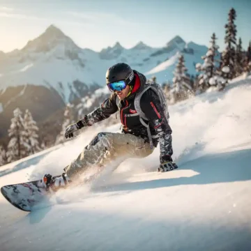 Snowboarder maakt bocht door poedersneeuw op steile berghelling met besneeuwde bergtoppen op achtergrond