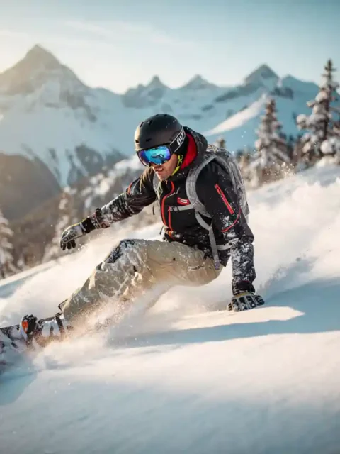 Snowboarder maakt bocht door poedersneeuw op steile berghelling met besneeuwde bergtoppen op achtergrond