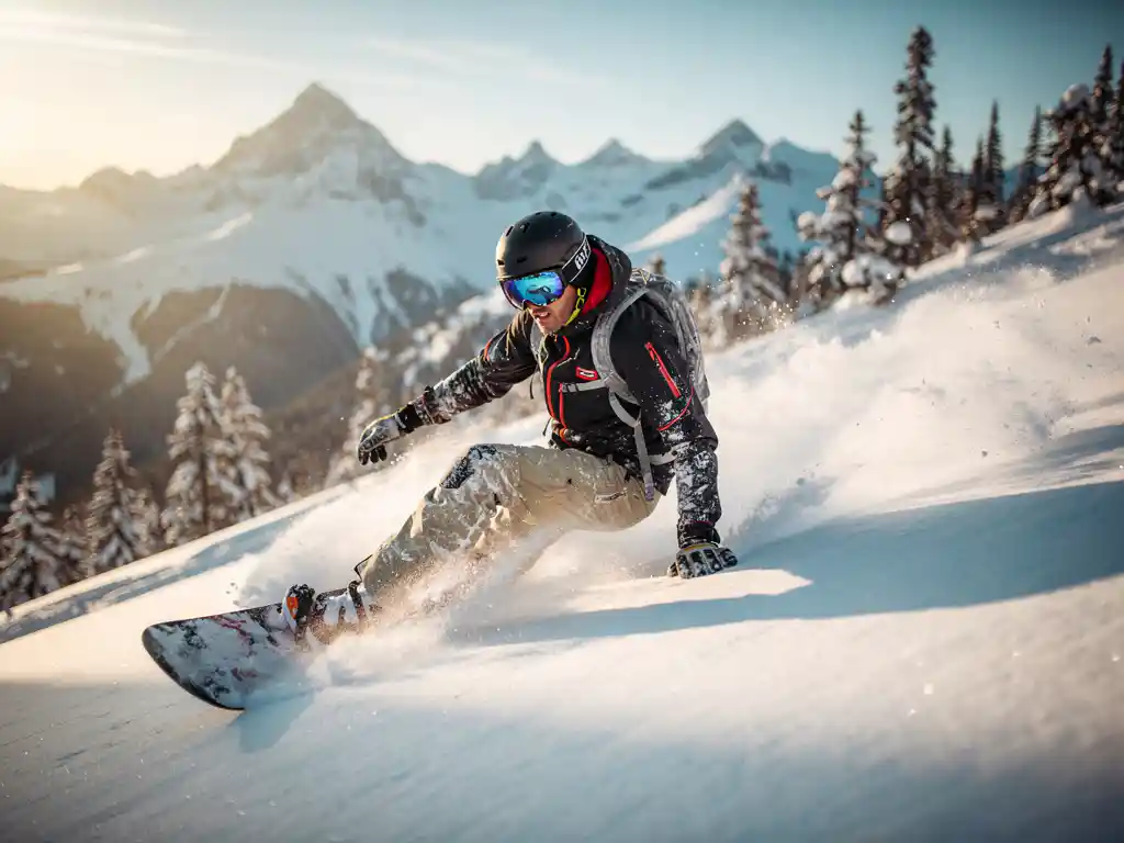 Snowboarder maakt bocht door poedersneeuw op steile berghelling met besneeuwde bergtoppen op achtergrond