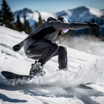Snowboarder in dynamische bocht door poedersneeuw, spieren zichtbaar gespannen, berglandschap met dennenbomen op achtergrond