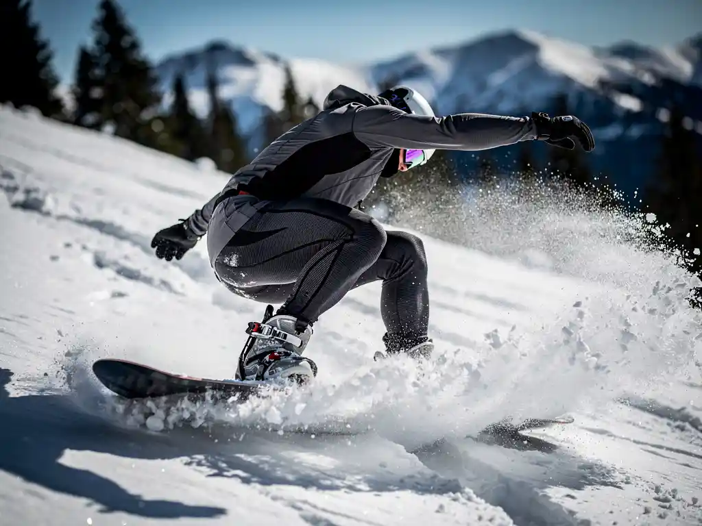 Snowboarder in dynamische bocht door poedersneeuw, spieren zichtbaar gespannen, berglandschap met dennenbomen op achtergrond