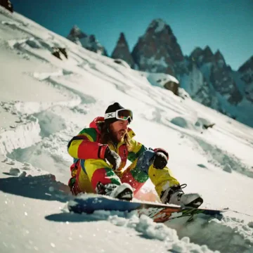 Snowboarder in felgekleurde winterkleding rust uit in poedersneeuw, kijkt omhoog naar steile besneeuwde helling met bergtoppen